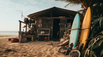 AI generated a small cabin is sitting on the shore with surfboards underneath, photo