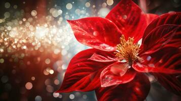AI generated a red poinsettia flower is shown in the background, photo