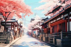 AI generated a street  in spring with blossoming cherry trees in bloom, photo
