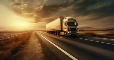AI generated a semi truck crossing a highway in light sunset, photo