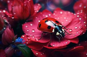 ai generado un rojo mariquita es en parte superior de un flor, foto