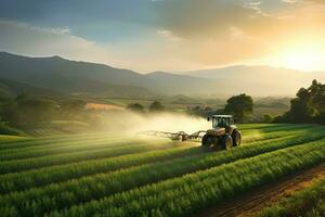 ai generado un tractor pulverización un agrícola campo a atardecer, foto