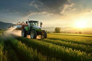 ai generado un tractor pulverización un agrícola campo a atardecer, foto