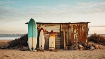 AI generated a surfboard and surfboards are sitting on the beach, photo