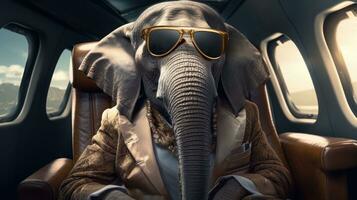 AI generated an elephant has sunglasses and a suit on as he sits in a chair, photo