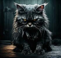 ai generado negro gato en oscuro antecedentes foto