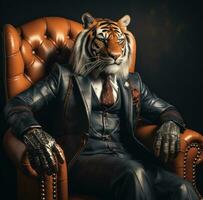 AI generated a tiger sitting in the suit and hat, photo