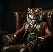 AI generated a tiger sitting in the suit and hat, photo