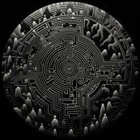 AI generated Black and white grunge geometric tribal labyrinth. Surreal style. photo