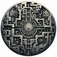 AI generated Black and white grunge geometric tribal labyrinth. Surreal style. photo