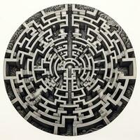 AI generated Black and white grunge geometric tribal labyrinth. Surreal style. photo