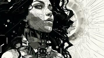 AI generated Woman face in a black and white version. Abstract geometric design photo