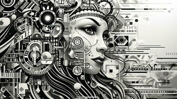 AI generated Woman face in a black and white version. Abstract geometric design photo