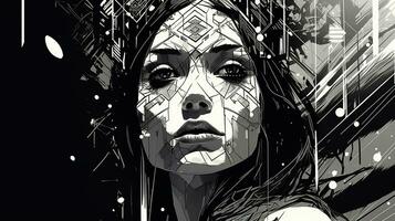 AI generated Woman face in a black and white version. Abstract geometric design photo