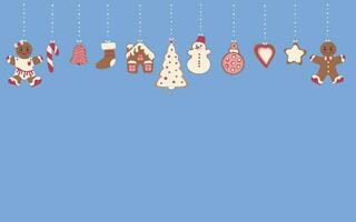 A Merry Christmas card. Gingerbread cookies in the form of a snowman, a Christmas tree and gingerbread men and various Christmas tree toys. Celebrating New Year and Christmas vector