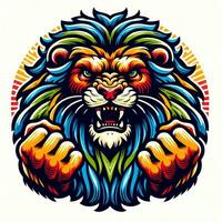 AI generated illustration of colorful angry lion suitable for apparel design photo