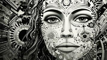 AI generated Woman face in a black and white version. Abstract geometric design photo