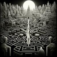 AI generated Black and white grunge geometric tribal labyrinth. Surreal style. photo