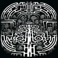 AI generated Black and white grunge geometric tribal labyrinth. Surreal style. photo