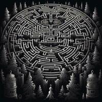 AI generated Black and white grunge geometric tribal labyrinth. Surreal style. photo