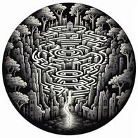 AI generated Black and white grunge geometric tribal labyrinth. Surreal style. photo