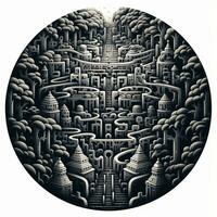 AI generated Black and white grunge geometric tribal labyrinth. Surreal style. photo