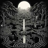 AI generated Black and white grunge geometric tribal labyrinth. Surreal style. photo