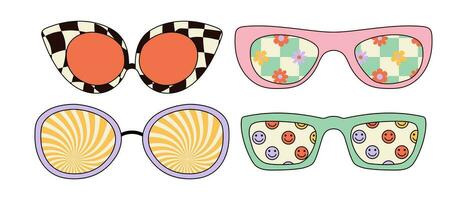 Psychedelic sunglasses with vintage designs. Vector illustrations isolated on white background.