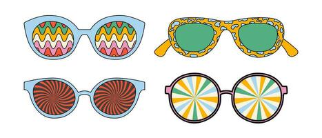 Set of psychedelic sunglasses with groovy patterns. Vector illustrations isolated on white background.