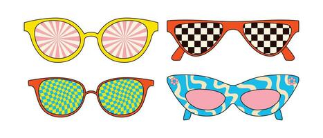 Set of retro sunglasses with trippy patterns and psychedelic colors. Vector graphics isolated on white background.