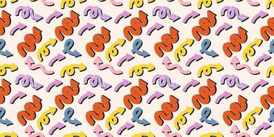 Naive playful arrows in trendy retro memphis style with vector texture. Direction indicators seamless pattern.