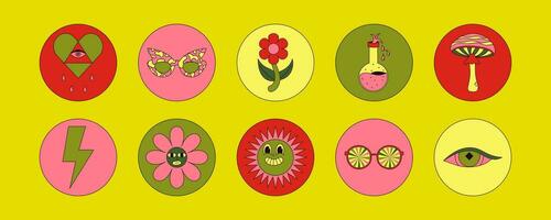 colección de psicodélico maravilloso elementos con Clásico colores. hongos, girasol pétalos , labios , ojos , Gafas de sol y más . Clásico vector ilustraciones .