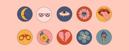 Set of groovy stickers. Mushrooms, flowers, lips , heart, sunglasses and more . 70s-inspired vector graphics .