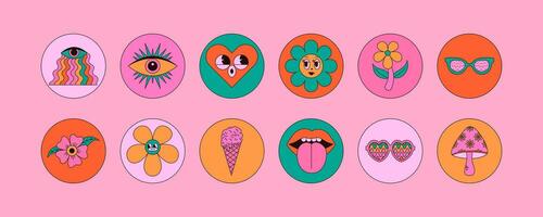 Set of psychedelic circle stickers with groovy elements. Mushrooms, heart, flower, lips, eyes, sunglasses and more. Vintage vector illustrations.