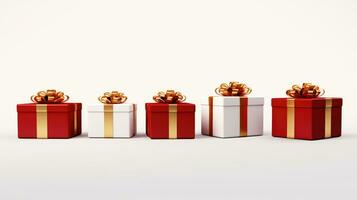 AI generated Red And White Gift Boxes With Golden Ribbons, White Background, Copy Space photo