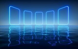 Glowing neon lines with water surface background, 3d rendering. photo