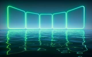 Glowing neon lines with water surface background, 3d rendering. photo