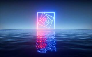 Glowing neon lines with water surface background, 3d rendering. photo