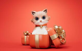 3D cartoon style cute cat and gift box, 3d rendering. photo