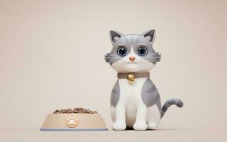 3D cartoon style cute cat and bowl, 3d rendering. photo
