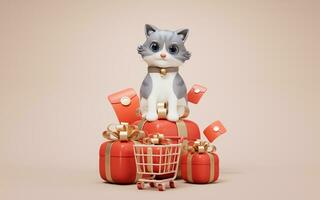 3D cartoon style cute cat and gift box, 3d rendering. photo