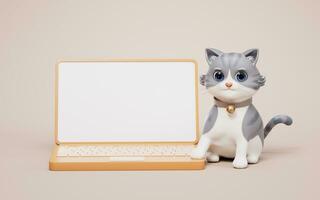 3D cartoon style cute cat and computer screen, 3d rendering. photo