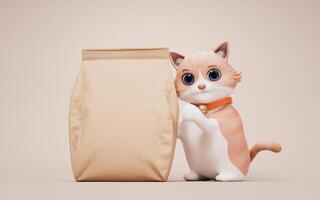 3D cartoon style cute cat and pet food bag, 3d rendering. photo