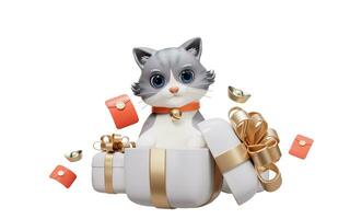 3D cartoon style cute cat and gift box, 3d rendering. photo