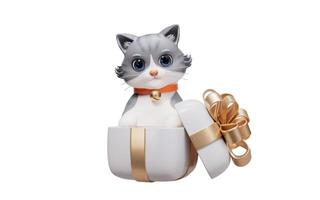 3D cartoon style cute cat and gift box, 3d rendering. photo