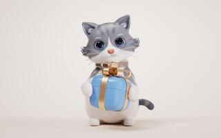 3D cartoon style cute cat and gift box, 3d rendering. photo