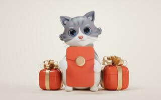 3D cartoon style cute cat and Chinese lucky red package, 3d rendering. photo