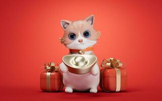 3D cartoon style cute cat and Chinese gold ingot, 3d rendering. photo