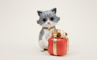 3D cartoon style cute cat and gift box, 3d rendering. photo