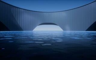 Water surface with building at night, 3d rendering. photo